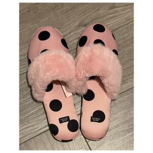 VICTORIA'S SECRET Pink & Black Polka Dot Satin Slippers